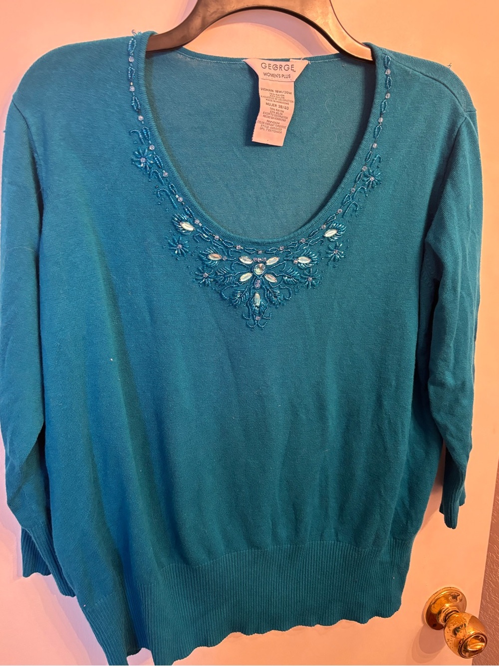 George Teal Scoop Neck Sweater with Beaded Embellishment